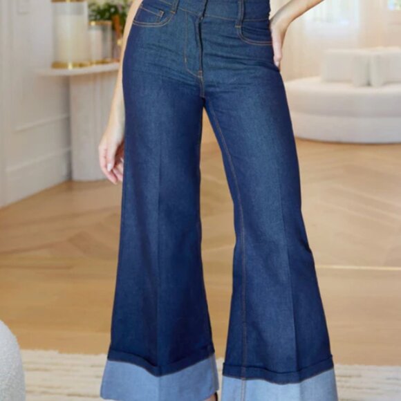 Generation Love Blue Flare Wide Leg Jeans with High Waist and Color Block Hem
